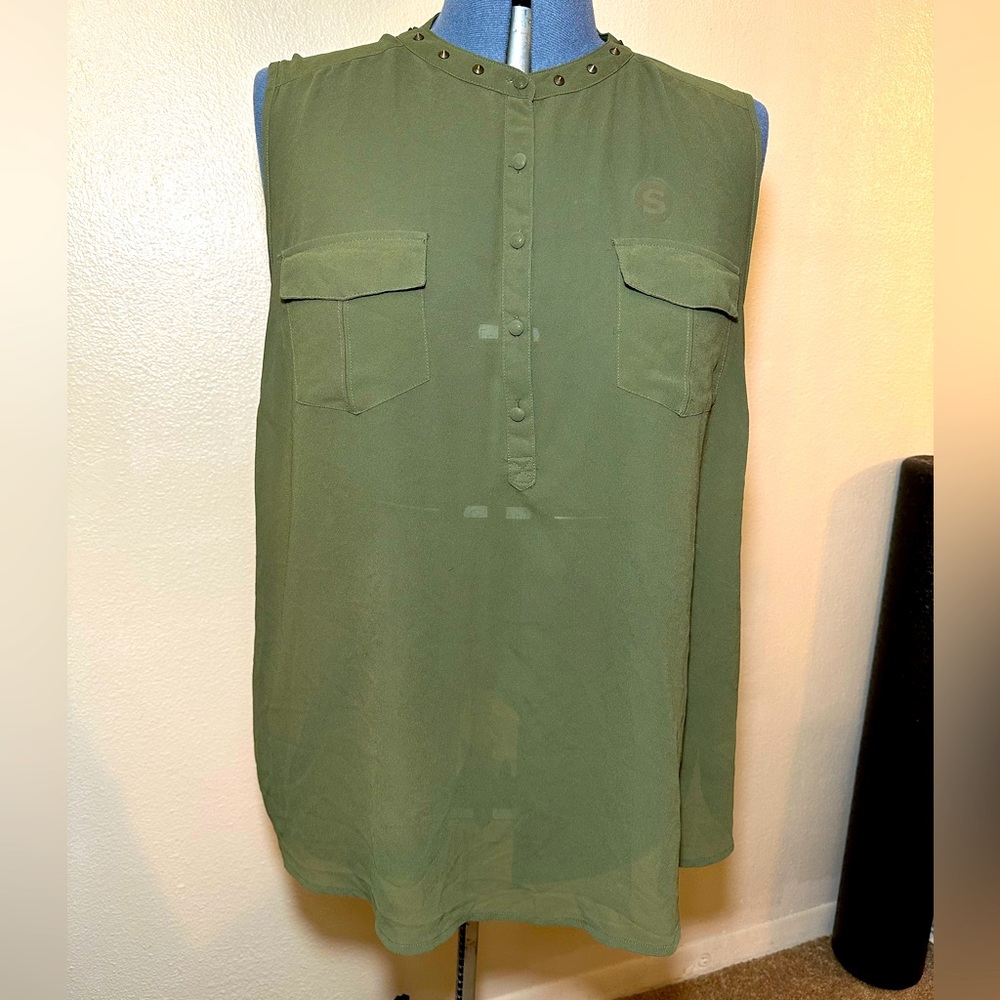 Torrid Size 3 Gold Stud Collar Sleeveless Olive Green Sheer Blouse